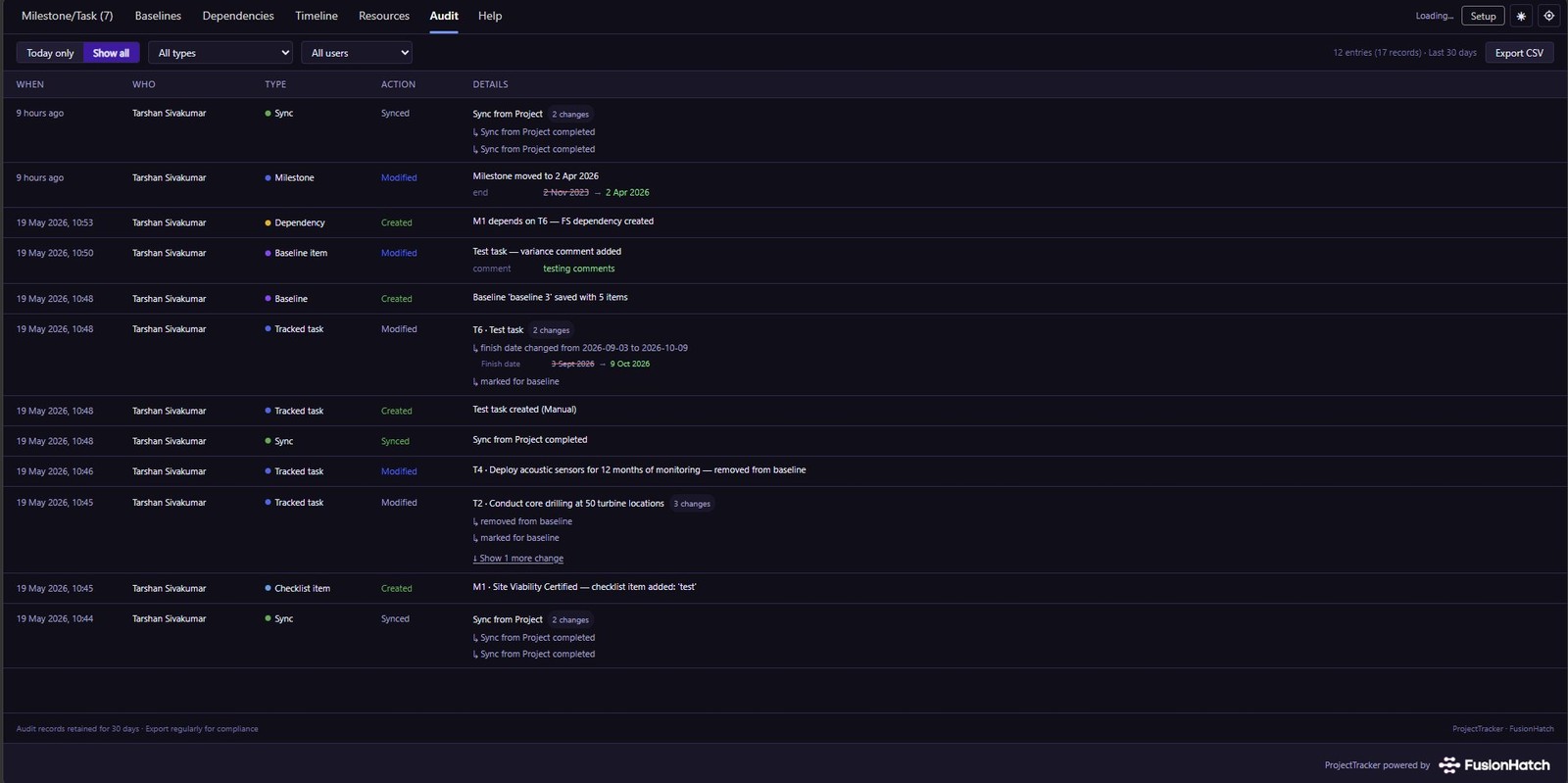 Audit log screenshot